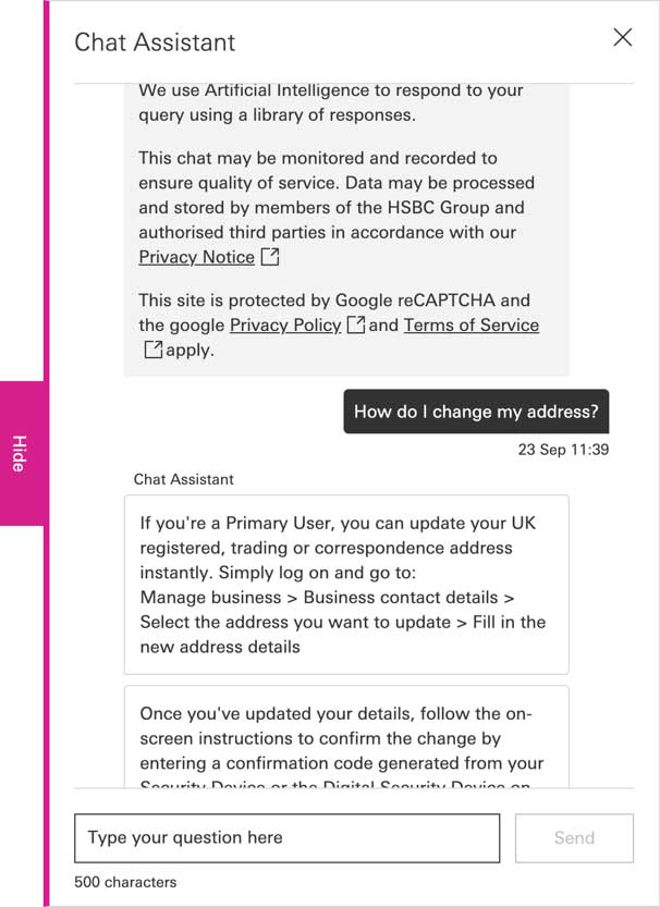 HSBC chat assistant on the FAQ  page  HSBC chat assistant on the FAQ  page